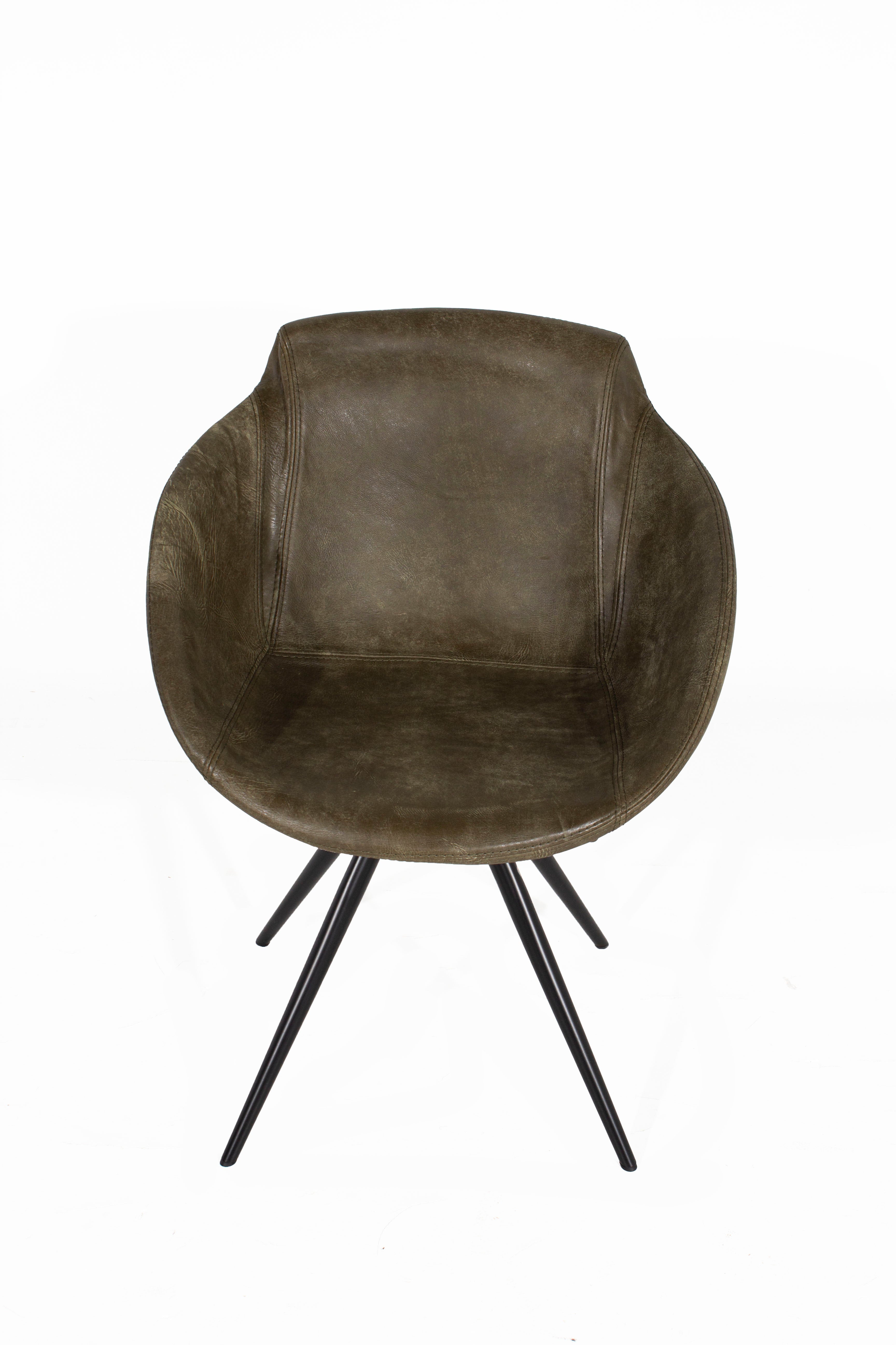 Modern Olive Leather Tub Dining Chair