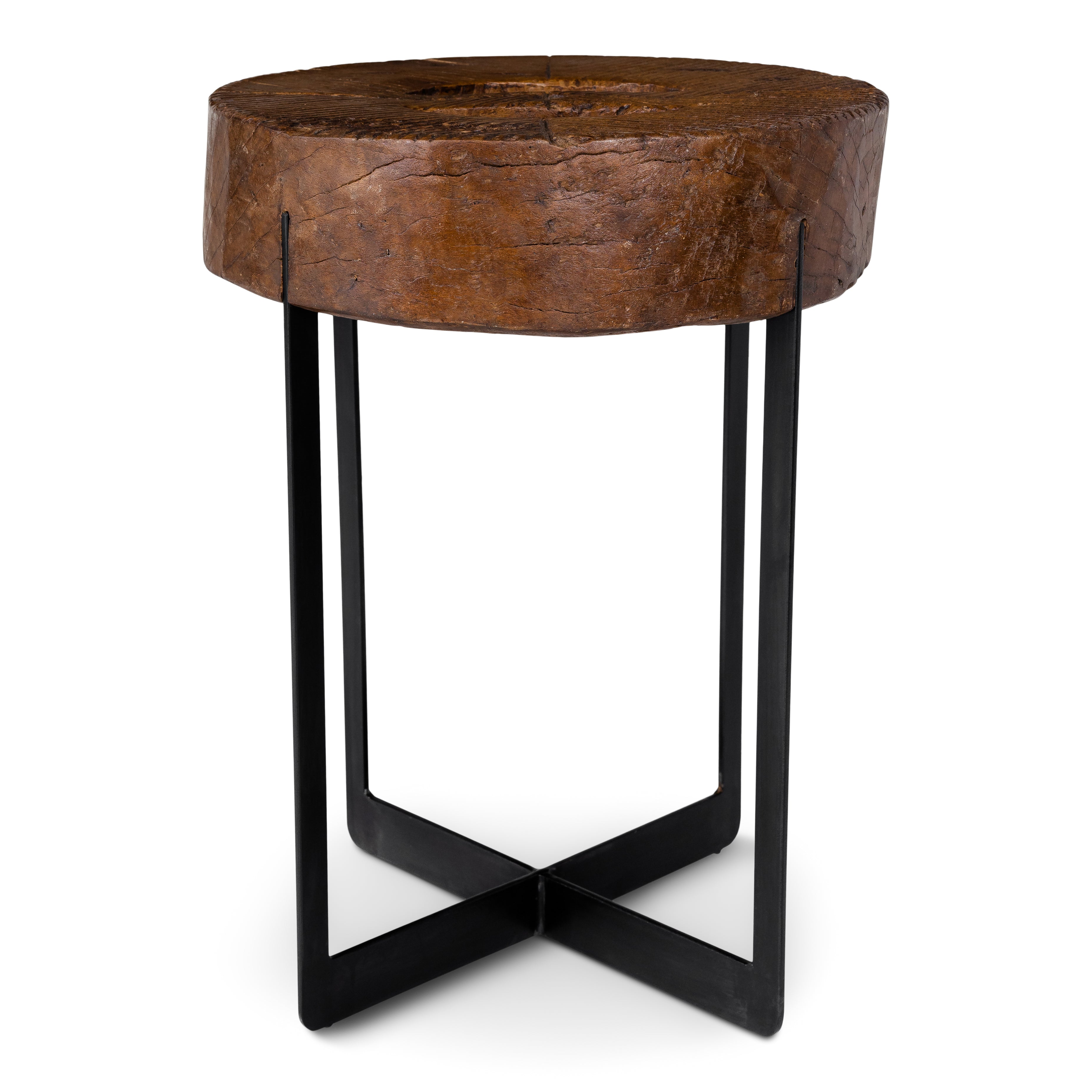 Balinese Wooden Mill Wheel on Ebony Patina Steel Base