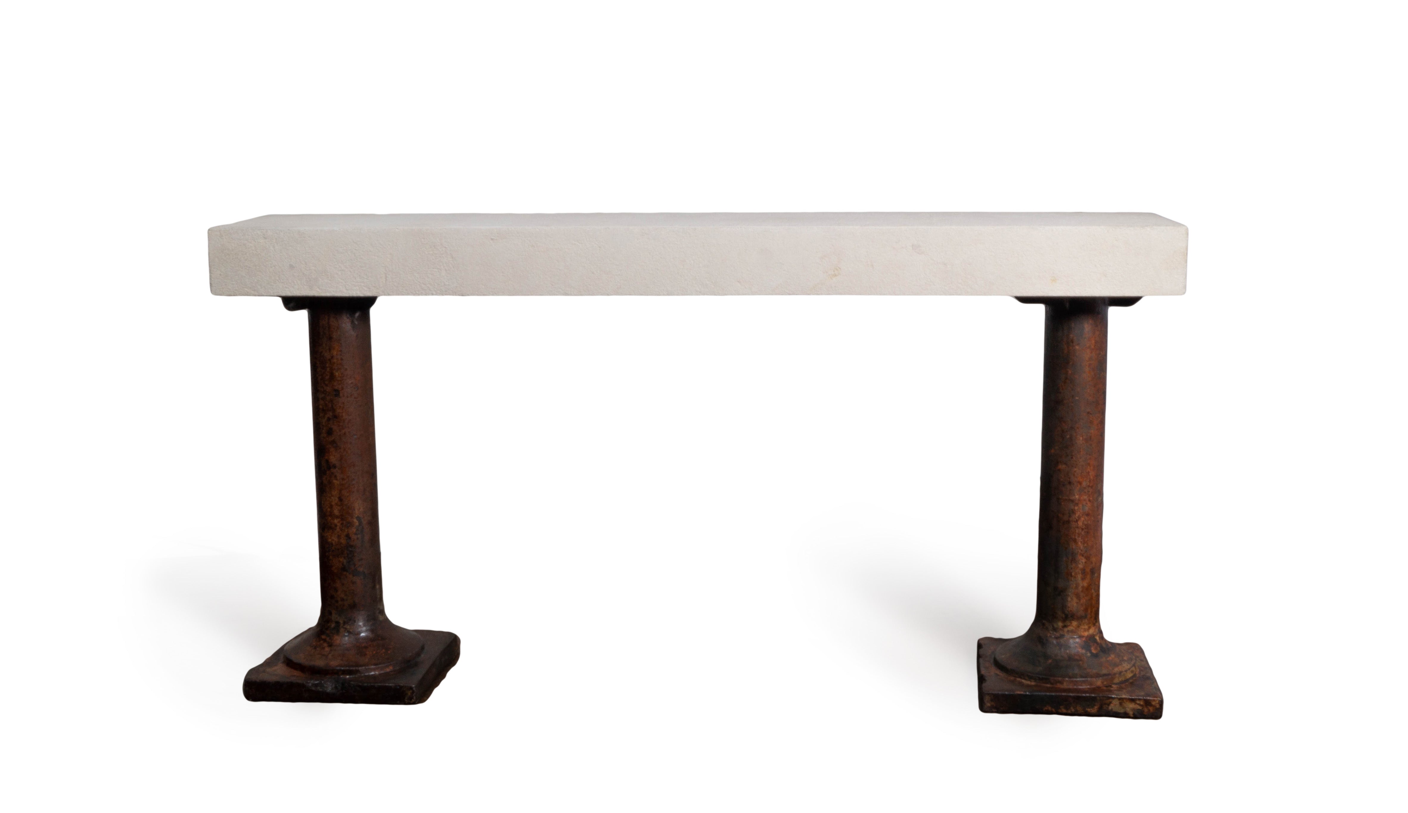 Vintage Cast Iron Architectural Columns Supporting a Limestone Top