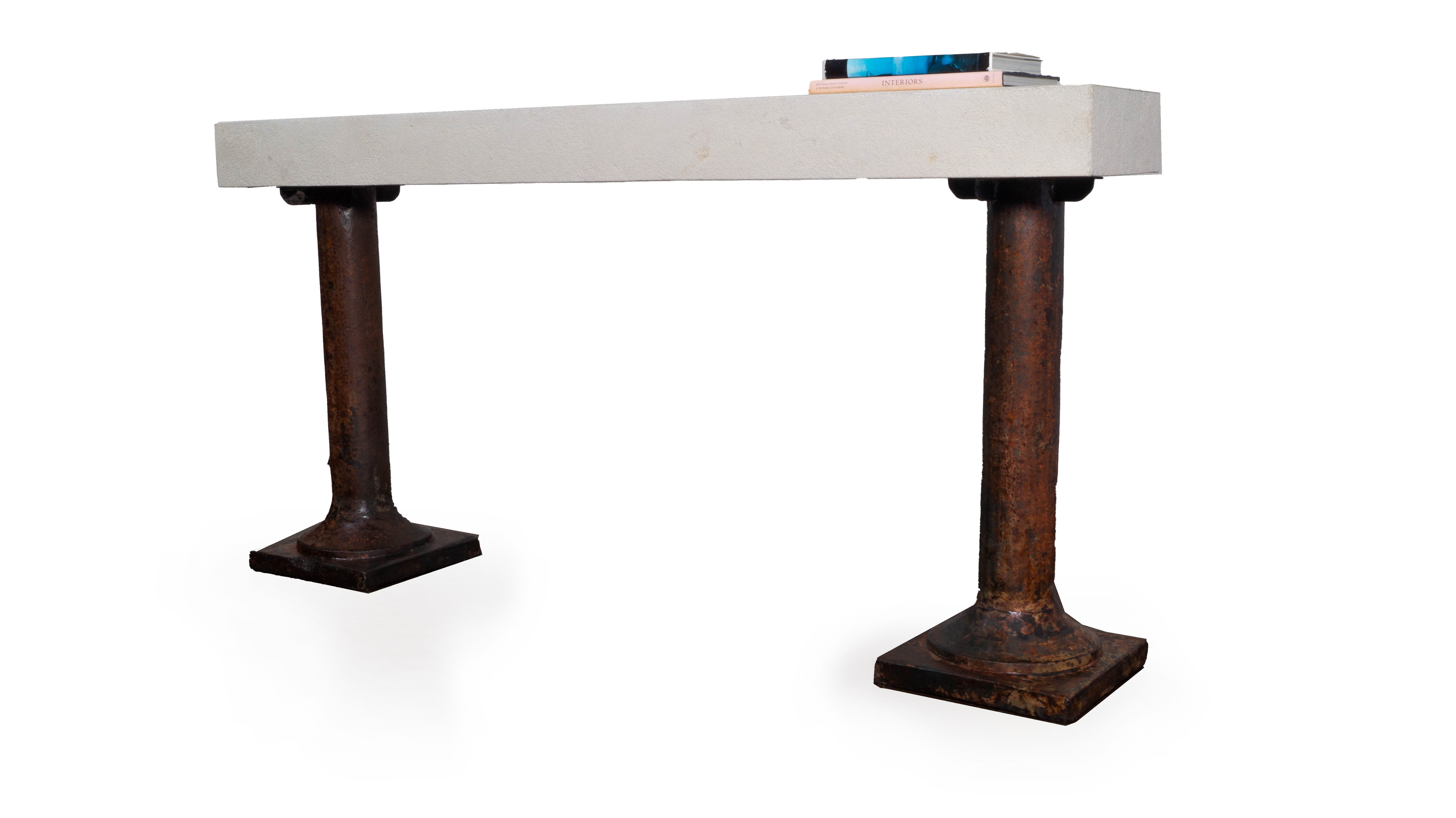 Vintage Cast Iron Architectural Columns Supporting a Limestone Top