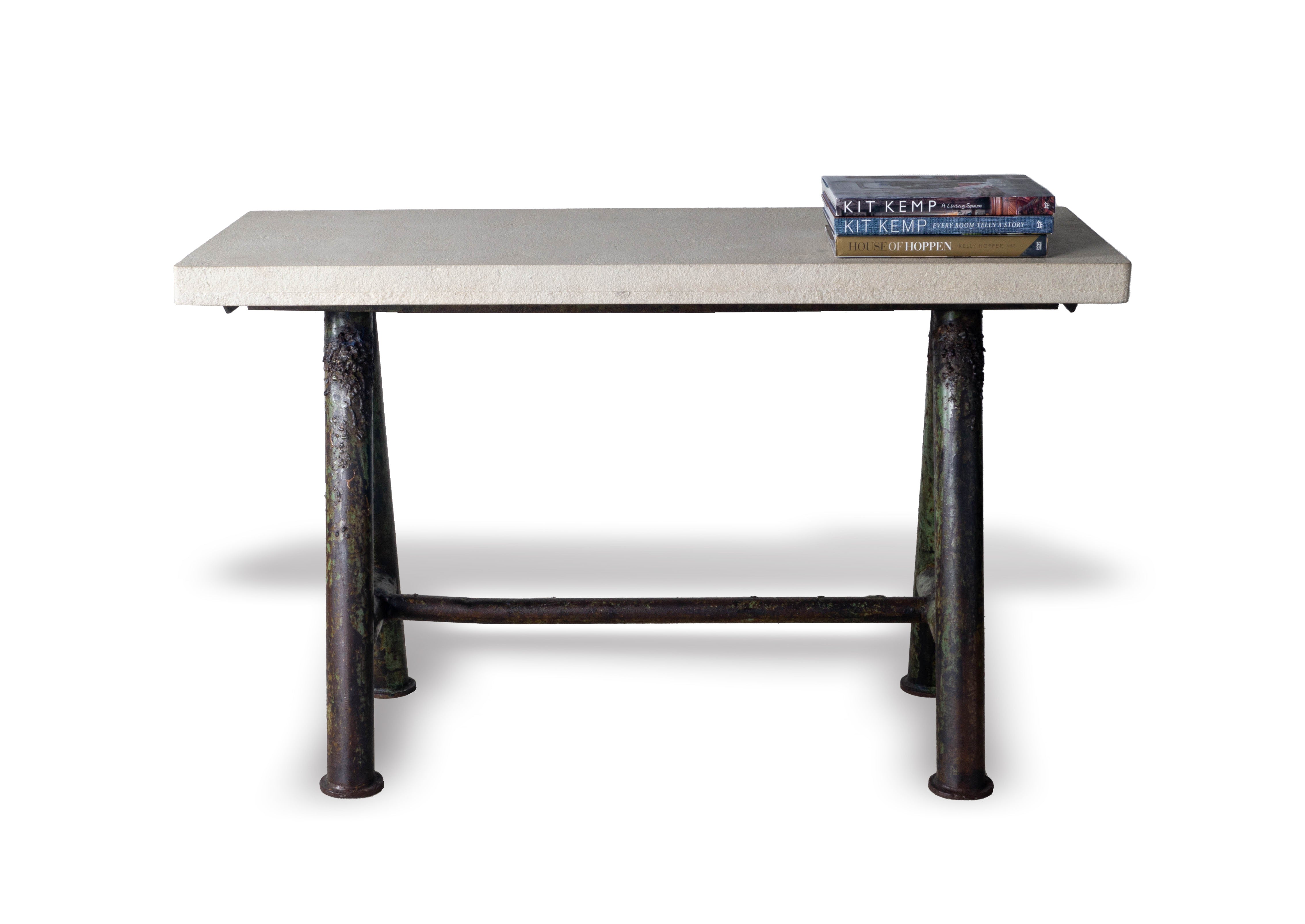 Vintage Cast Iron Craftsman's Sawhorse with Heavily Weathered Limestone Top