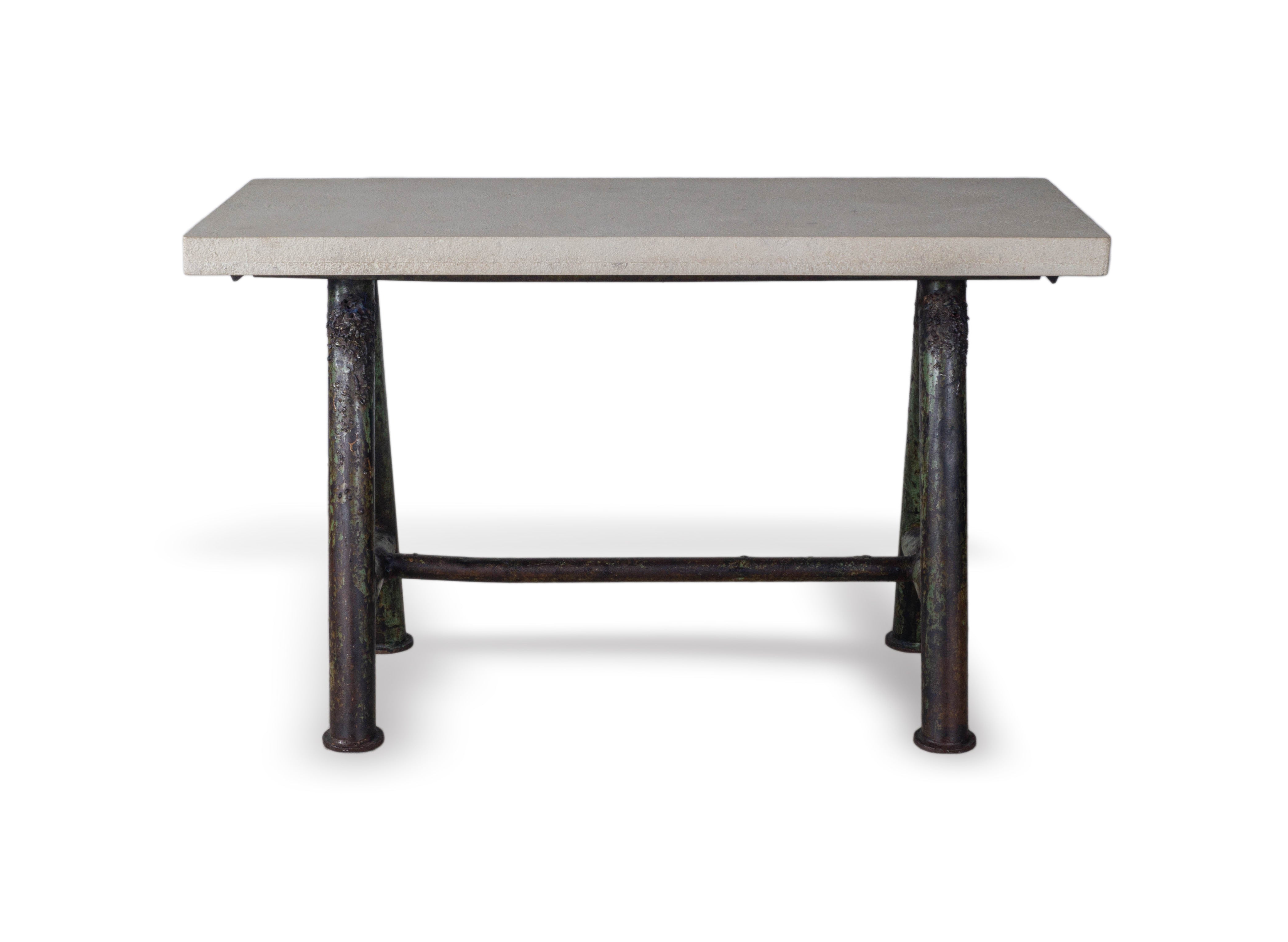 Vintage Cast Iron Craftsman's Sawhorse with Heavily Weathered Limestone Top