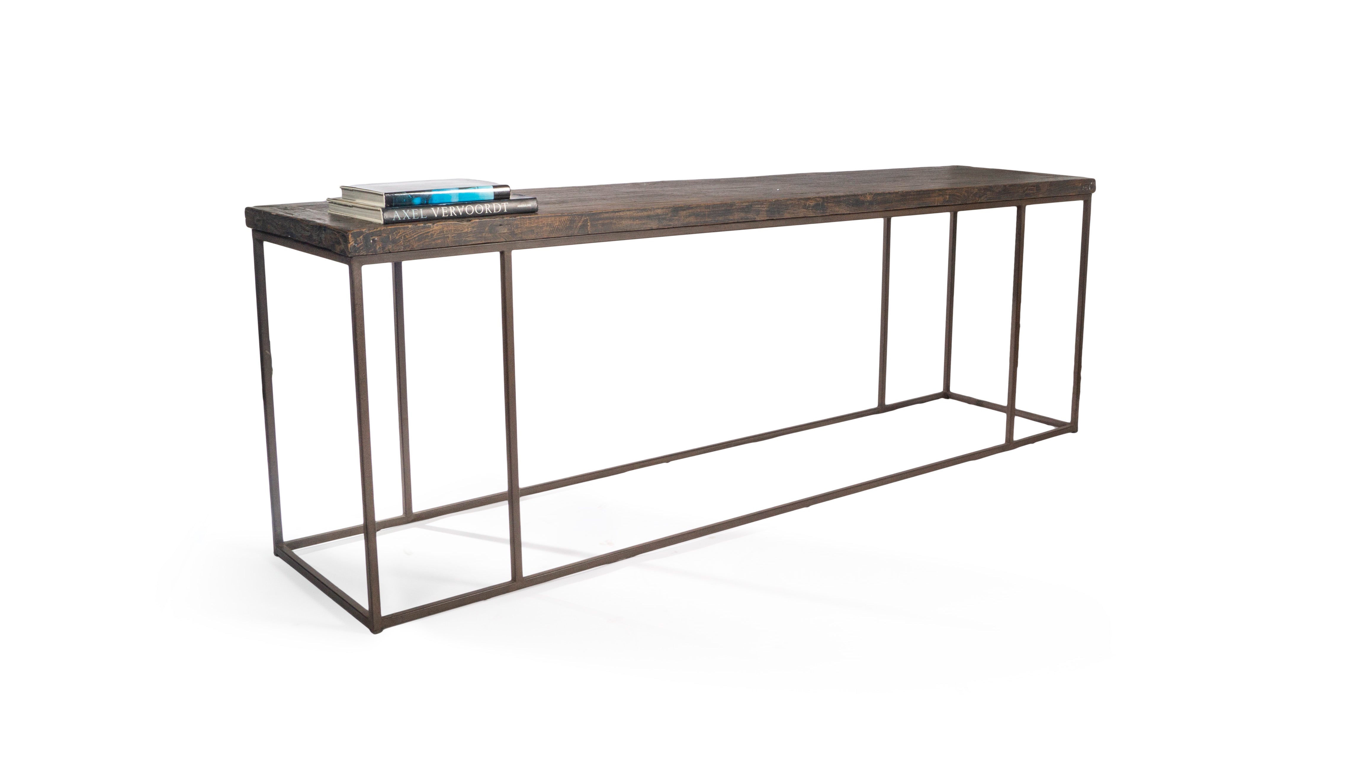 Modern Console with Reclaimed Elm Top in Original Paint Patina on Steel Base