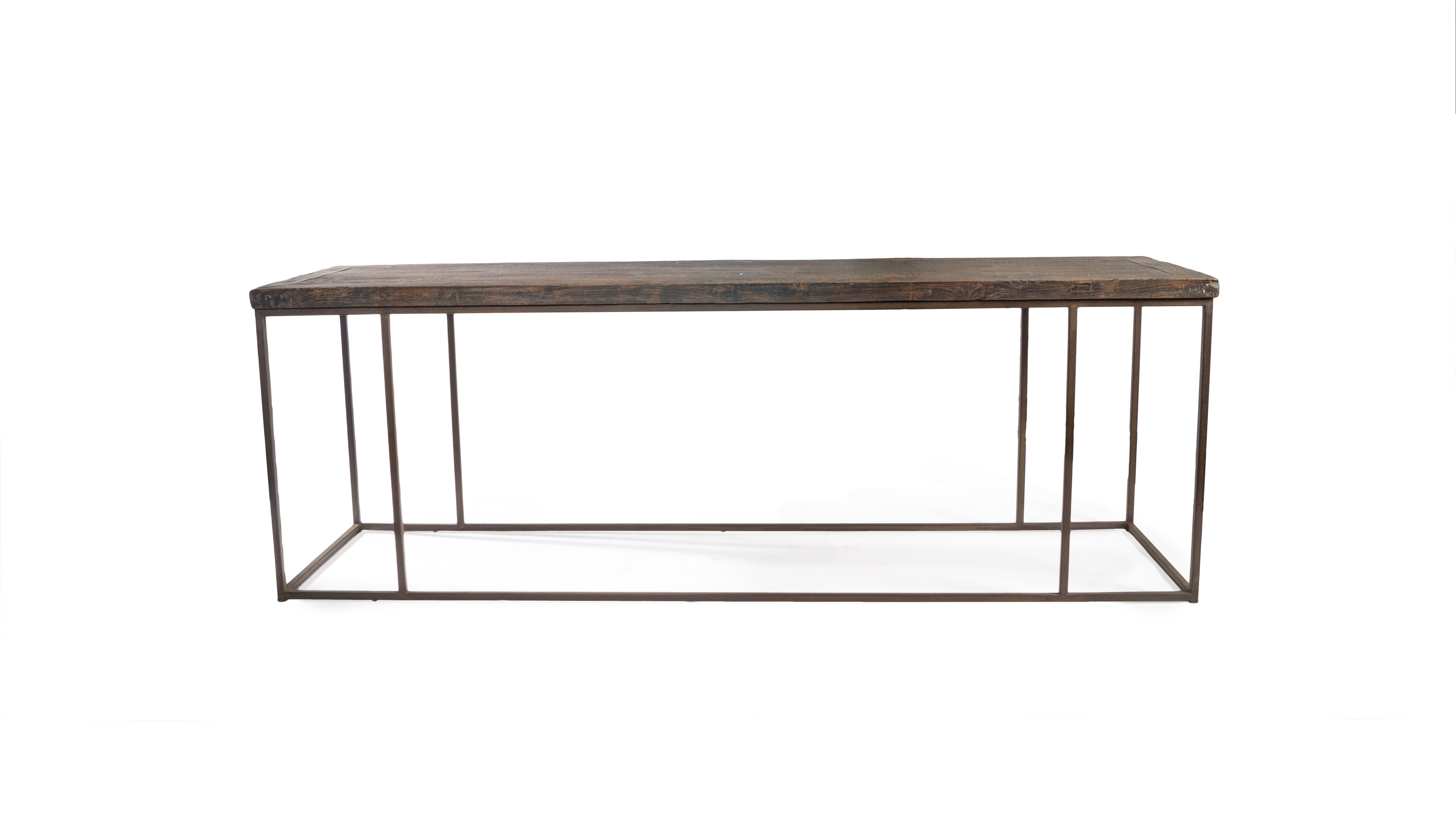 Modern Console with Reclaimed Elm Top in Original Paint Patina on Steel Base
