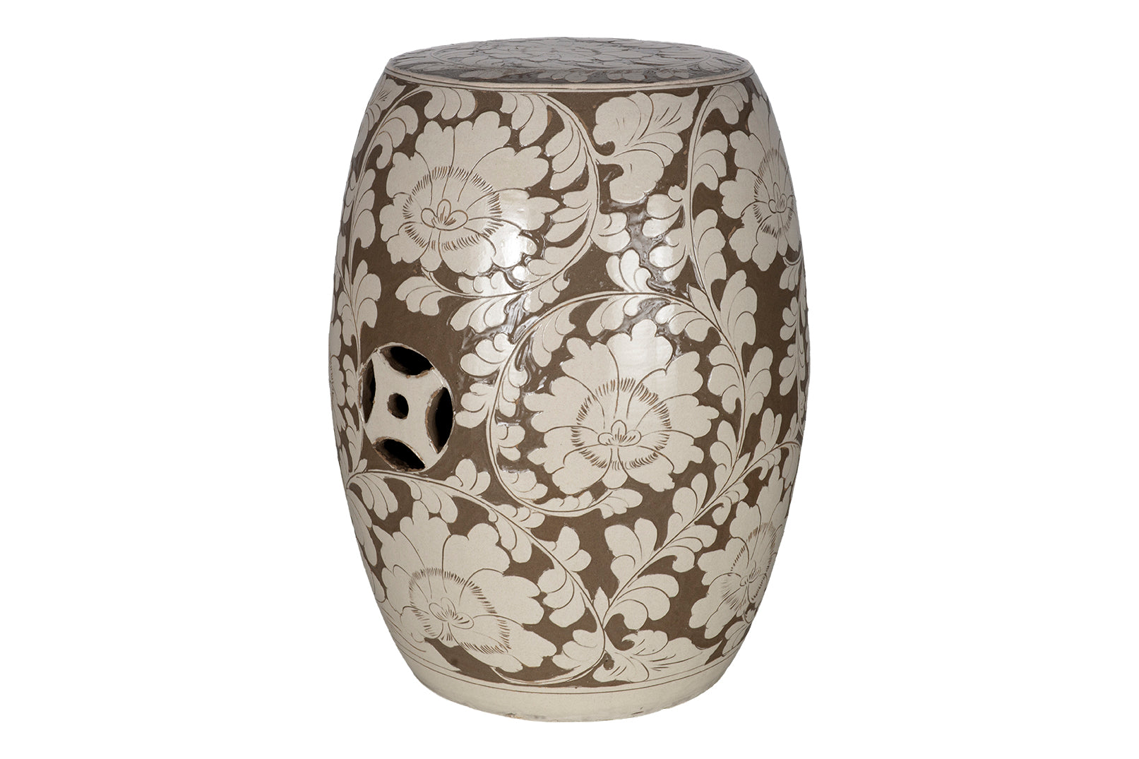 Beige and White Floral Motif Garden Stool