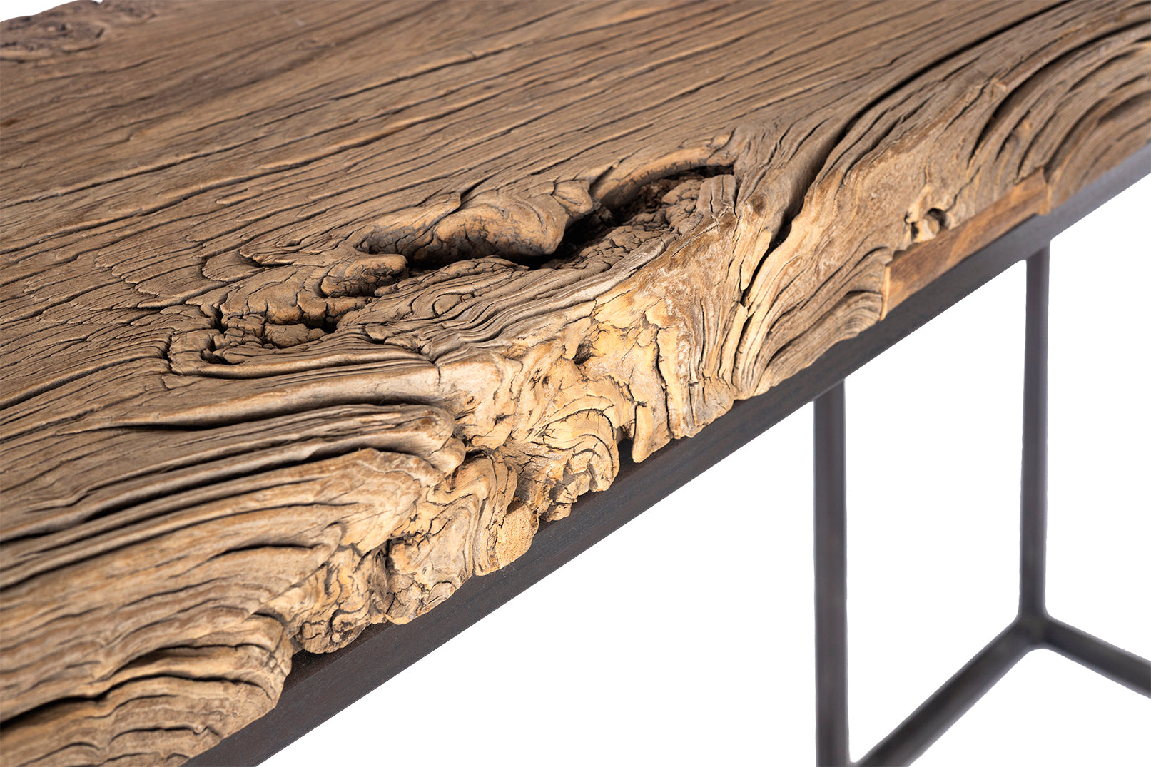 Reclaimed Elm Console on Minimalistic Steel Base
