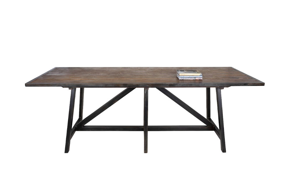 Bar Height Island Table, Vintage Elm Steel Framed Top, Ebony Patina Angle Base
