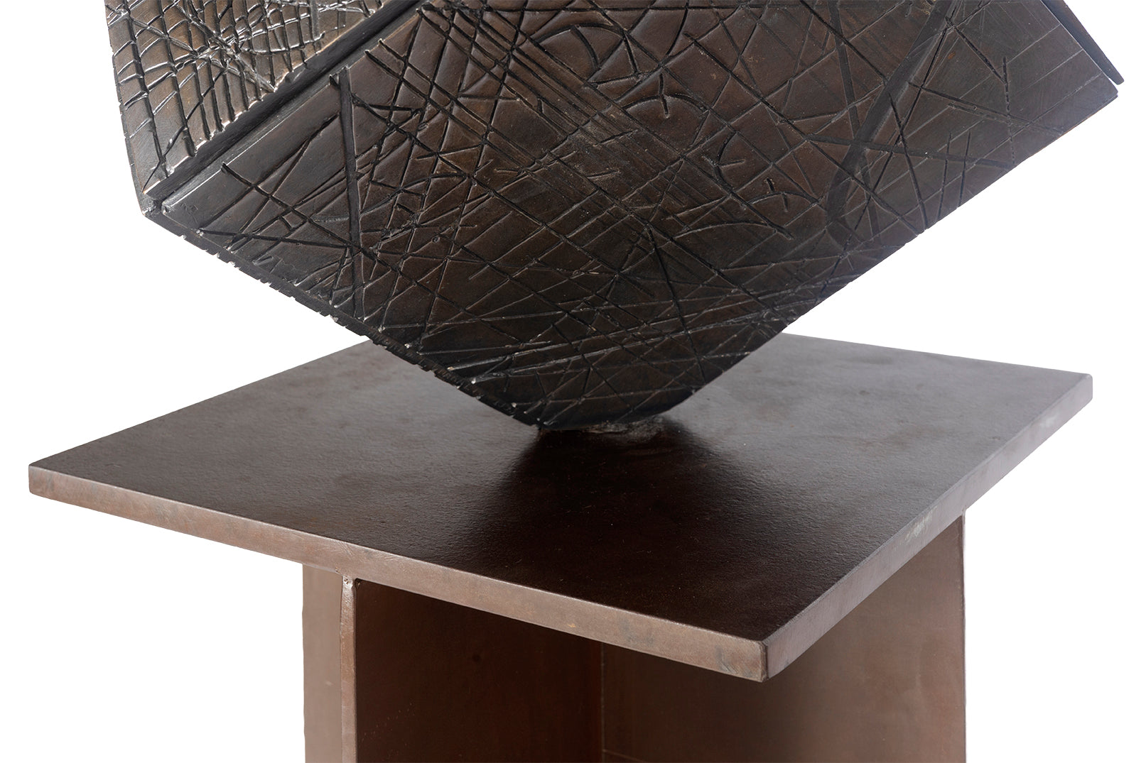 Bronze Cube Sculpture on Rust Finish Steel Pedistool