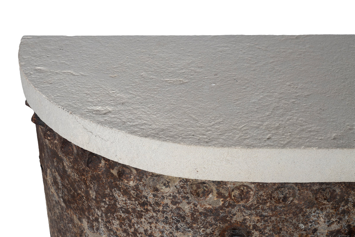Vintage French Studded Iron Industrial Console with Limestone Top