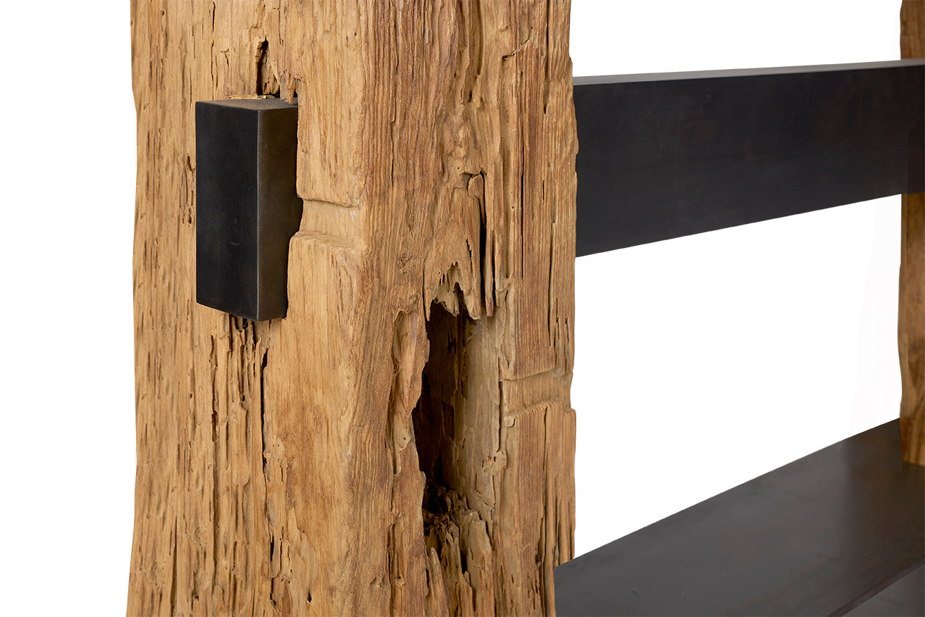 Reclaimed Architectural Pine Beams with Metal Stretcher and Limestone Top