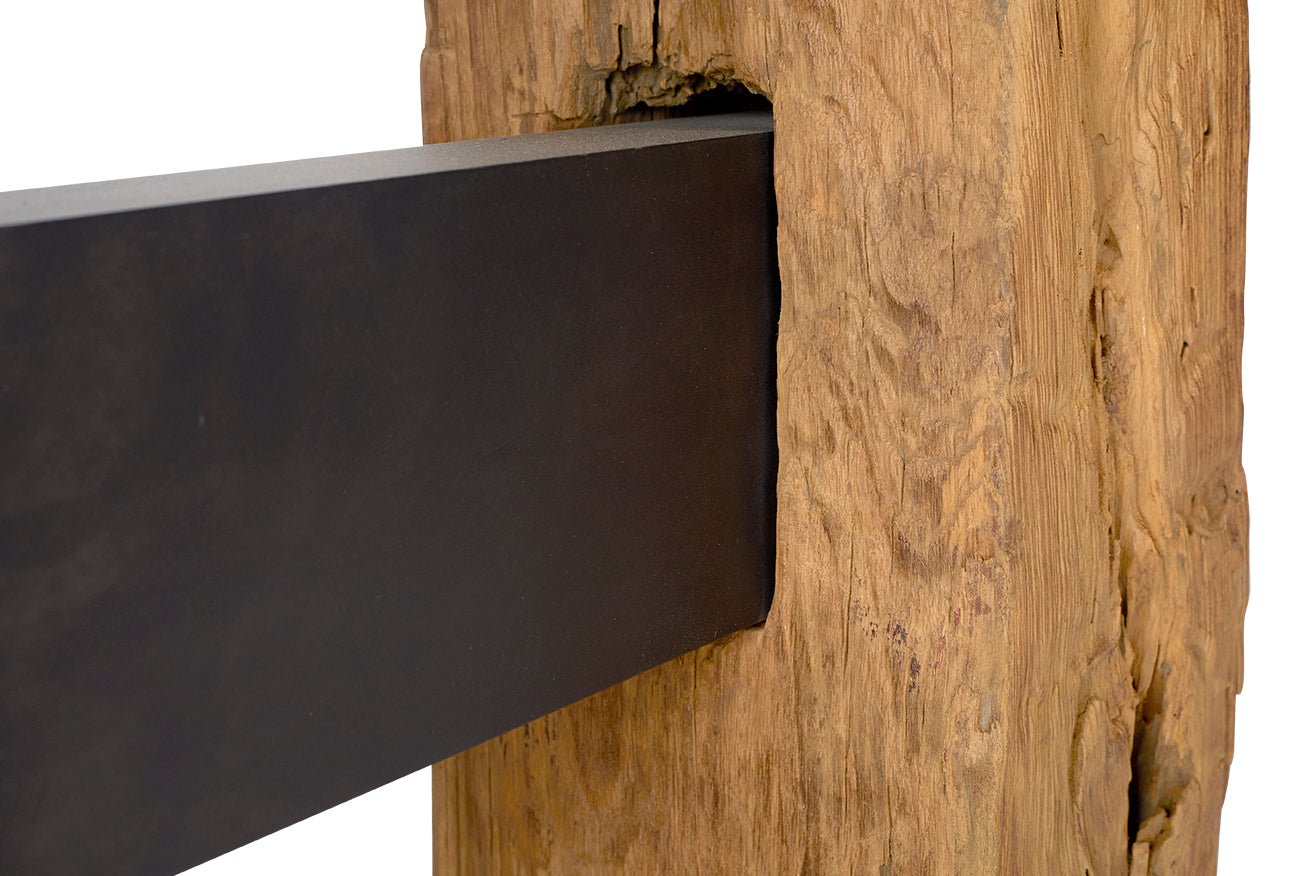 Reclaimed Architectural Pine Beams with Metal Stretcher and Limestone Top