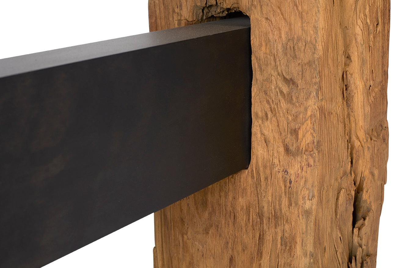 Reclaimed Architectural Pine Beams with Metal Stretcher and Limestone Top