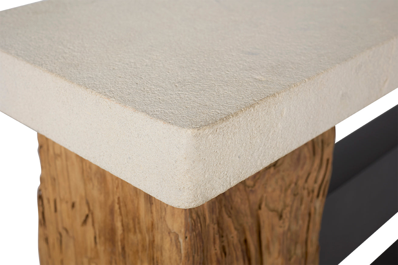 Reclaimed Architectural Pine Beams with Metal Stretcher and Limestone Top