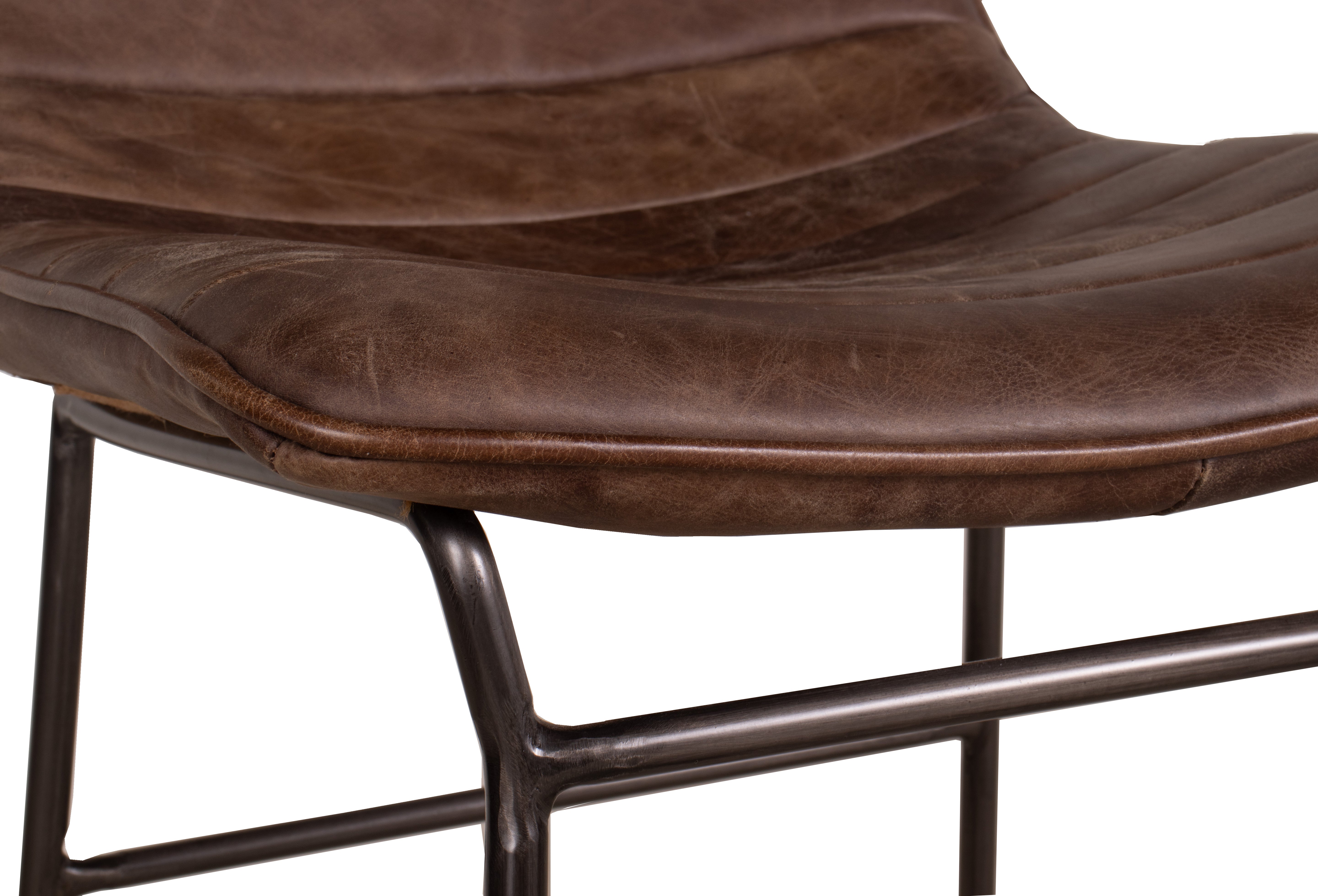 Channeled Brown Leather Counter Stool