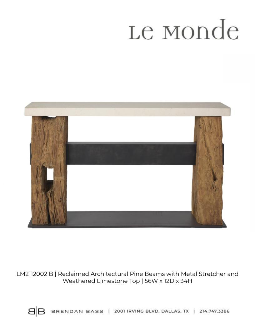 Reclaimed Architectural Pine Beams with Metal Stretcher and Limestone Top