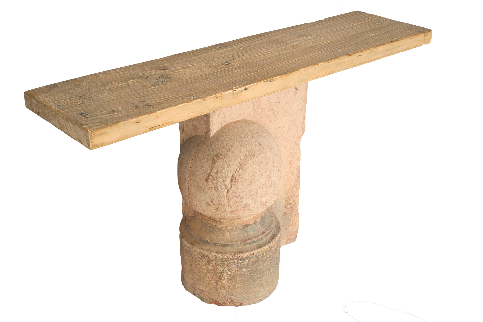Vintage Craved Stone Console with Reclaimed Elm Top
