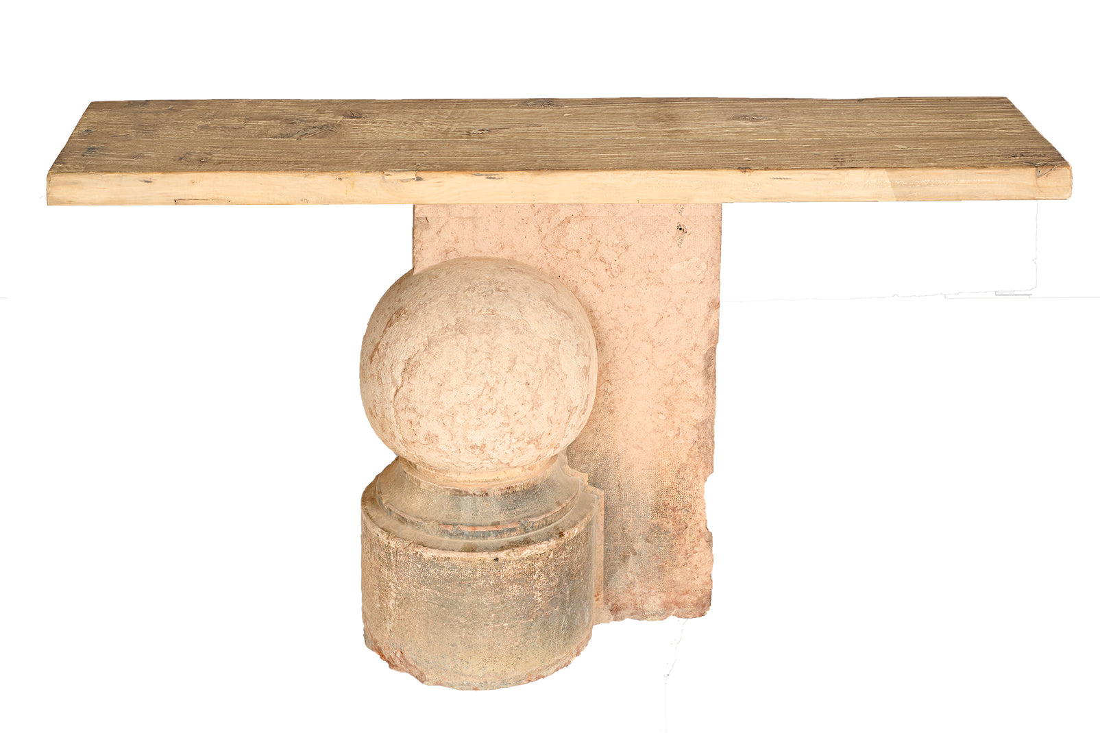 Vintage Craved Stone Console with Reclaimed Elm Top