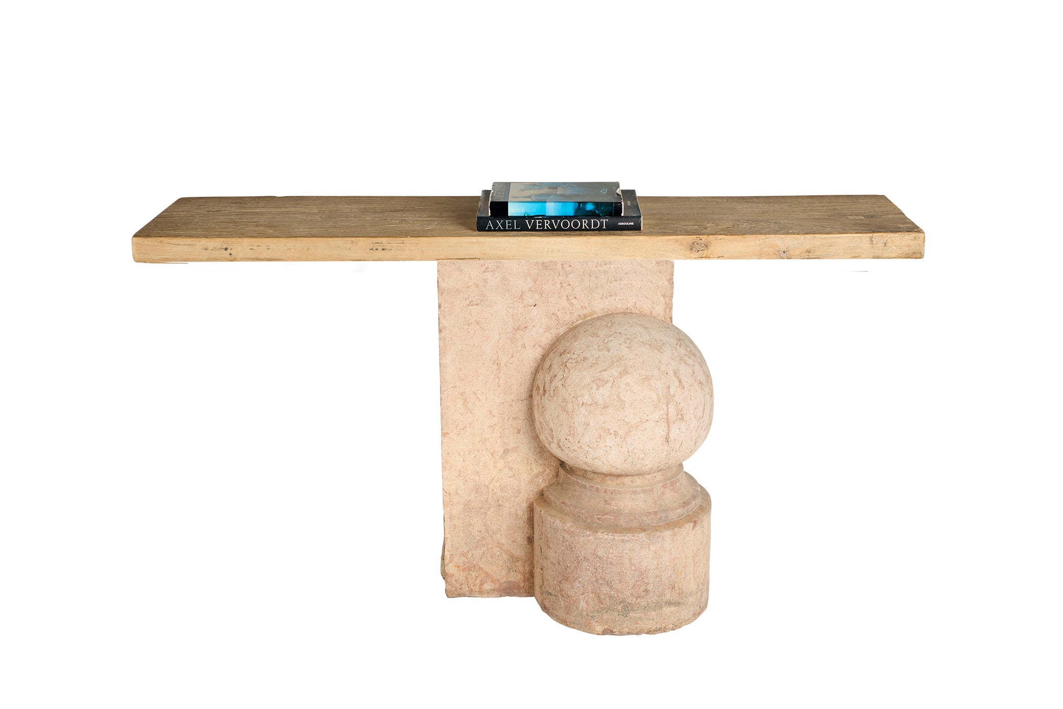 Vintage Craved Stone Console with Reclaimed Elm Top