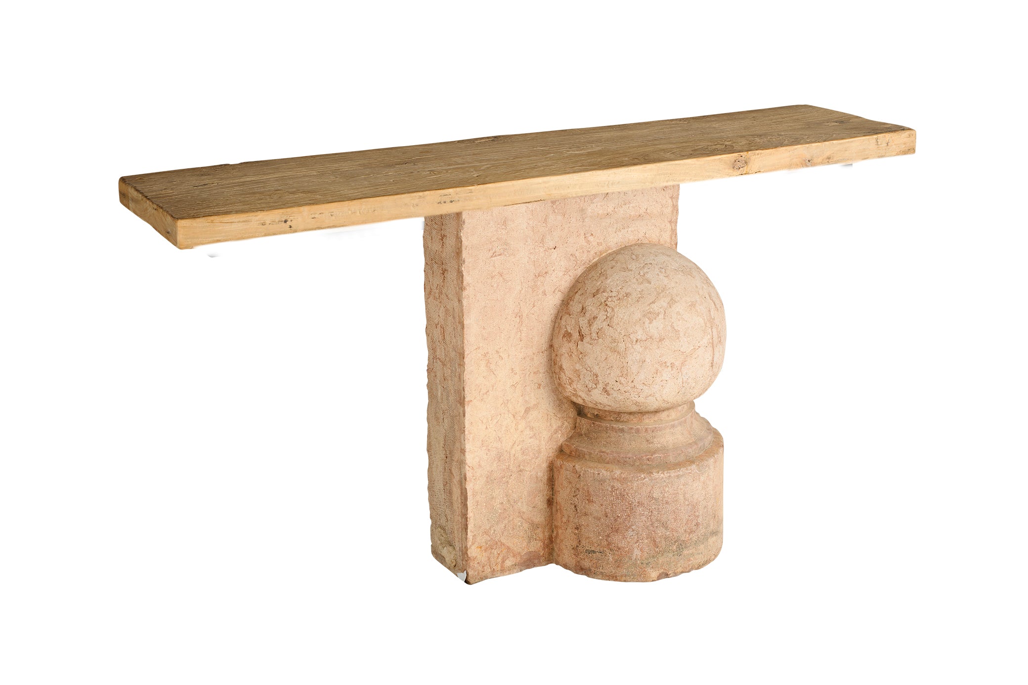 Vintage Craved Stone Console with Reclaimed Elm Top