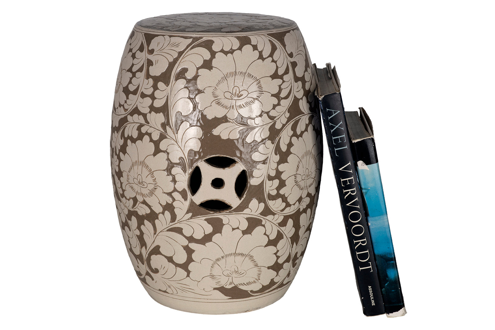 Beige and White Floral Motif Garden Stool