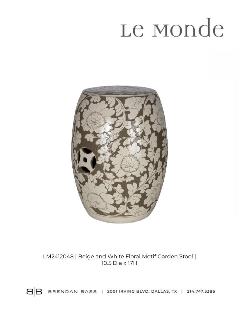 Beige and White Floral Motif Garden Stool