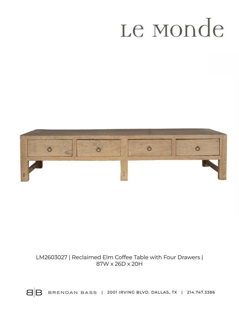Reclaimed Elm Coffee Table with Four Drawers