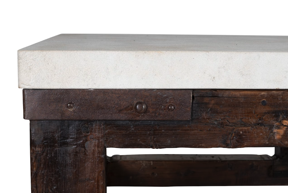 Vintage Industrial Tradesman Table with Limestone Top