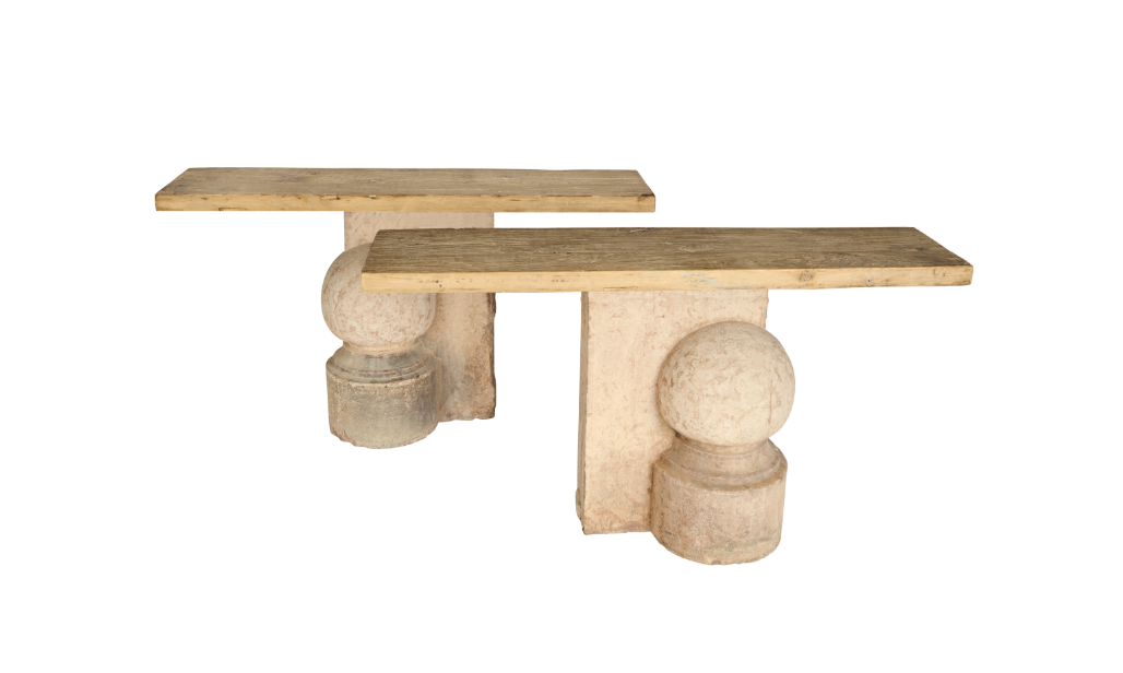 Vintage Craved Stone Console with Reclaimed Elm Top