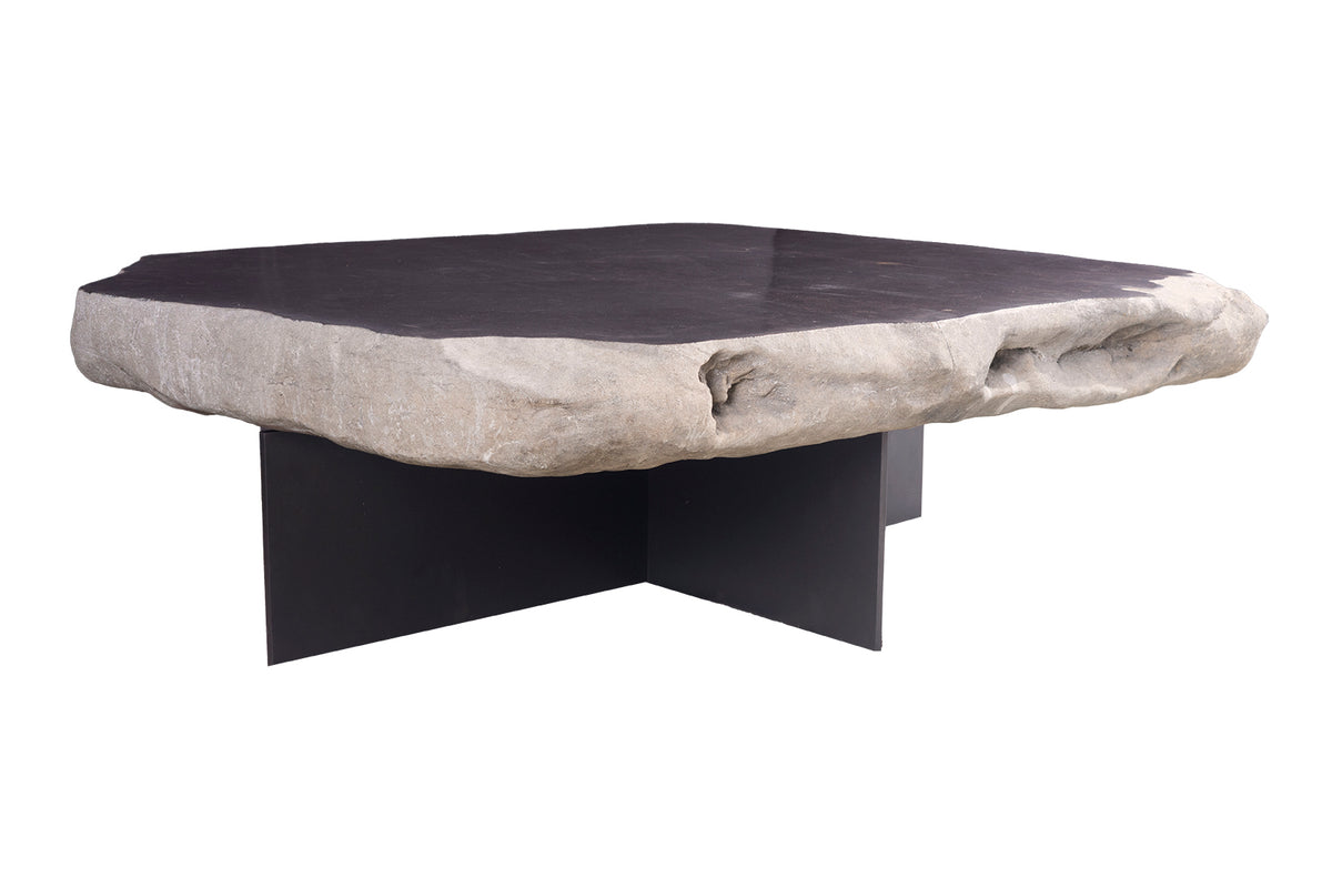 Polished Belgian Blue Stone Coffee Table on Modern Steel Base