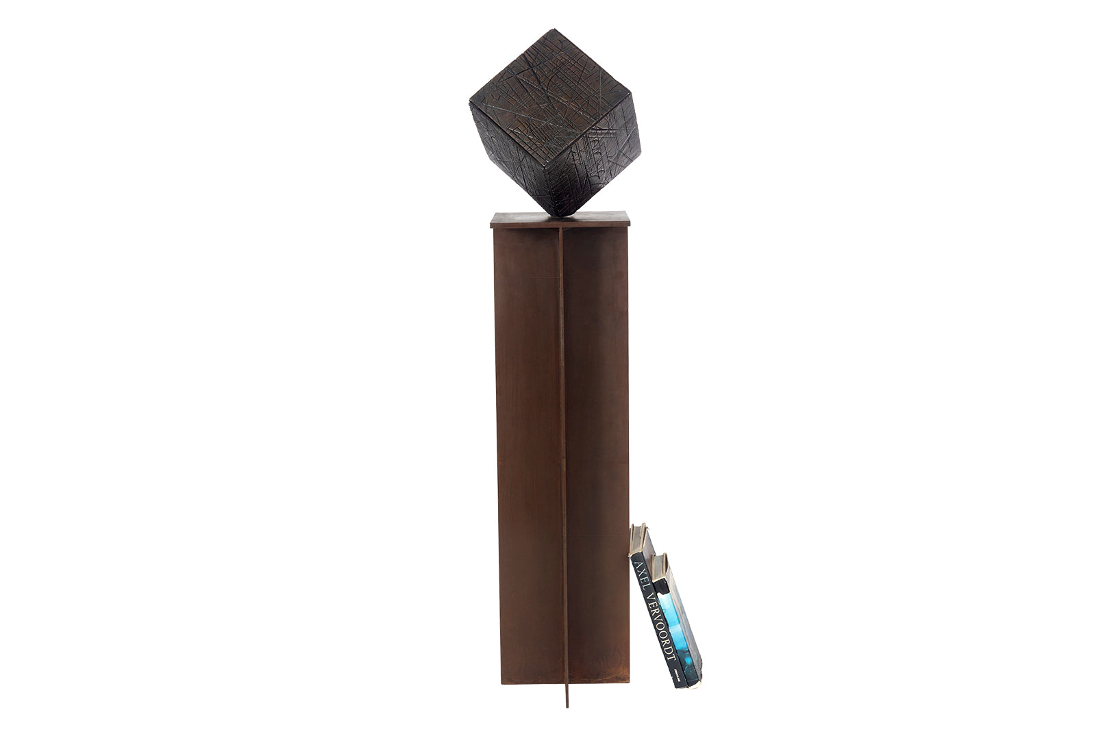 Bronze Cube Sculpture on Rust Finish Steel Pedistool