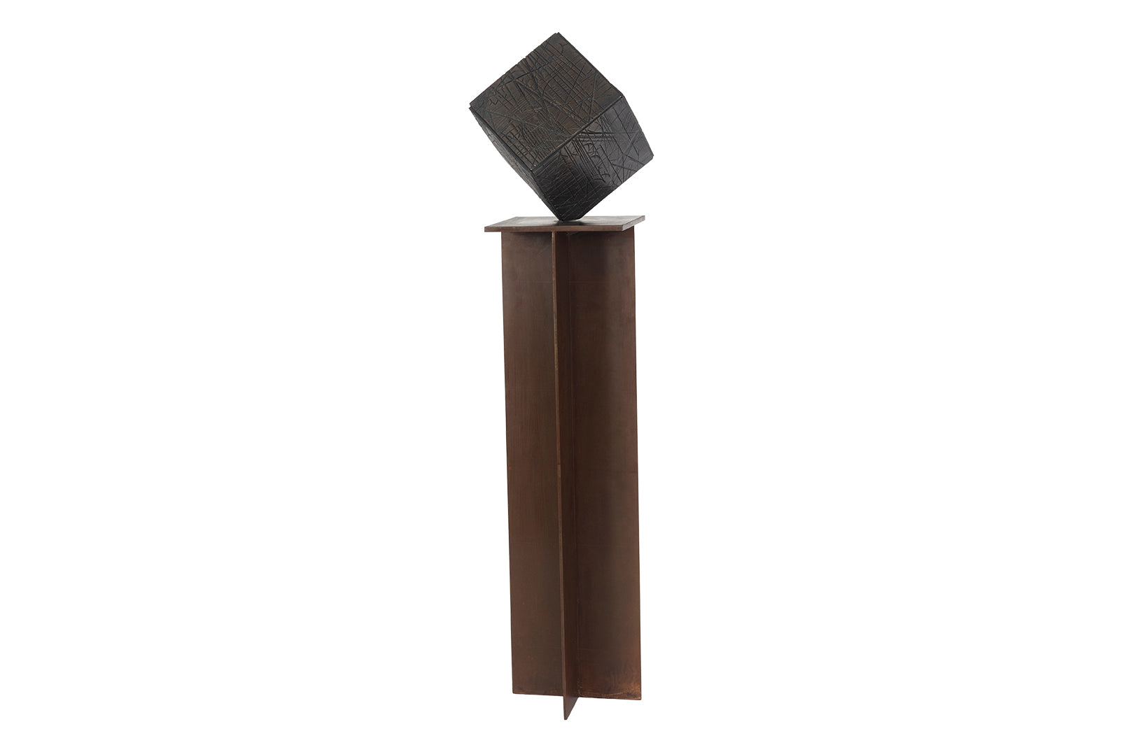 Bronze Cube Sculpture on Rust Finish Steel Pedistool
