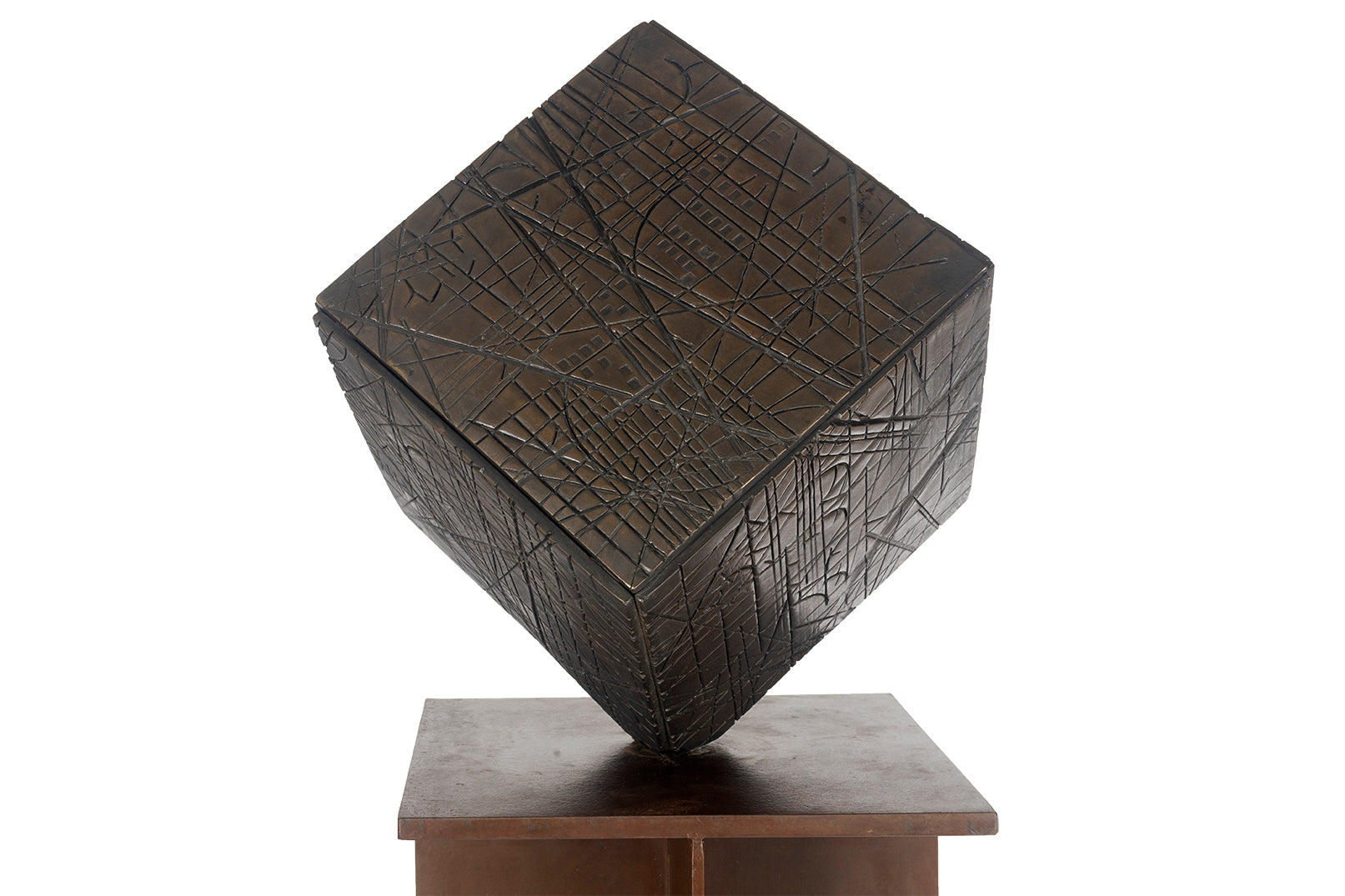Bronze Cube Sculpture on Rust Finish Steel Pedistool