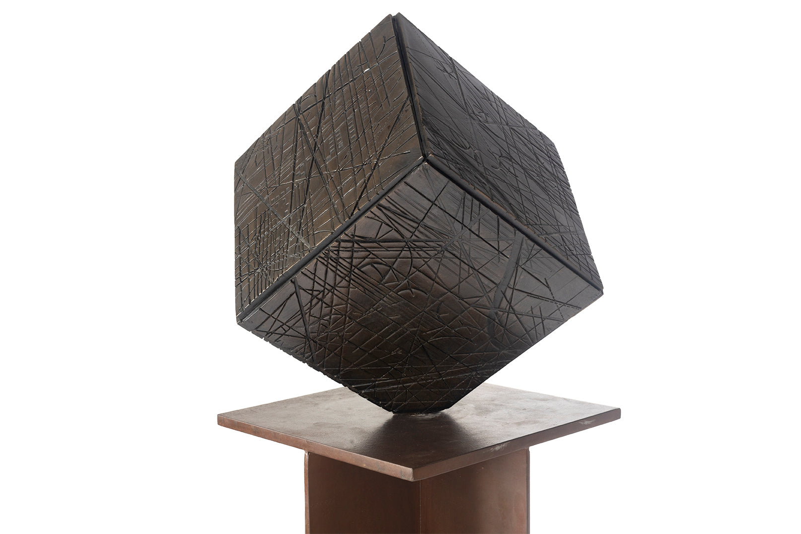 Bronze Cube Sculpture on Rust Finish Steel Pedistool
