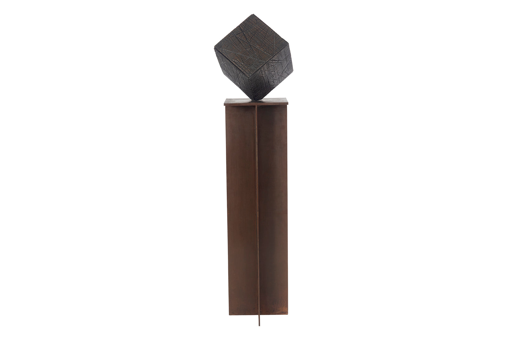 Bronze Cube Sculpture on Rust Finish Steel Pedistool