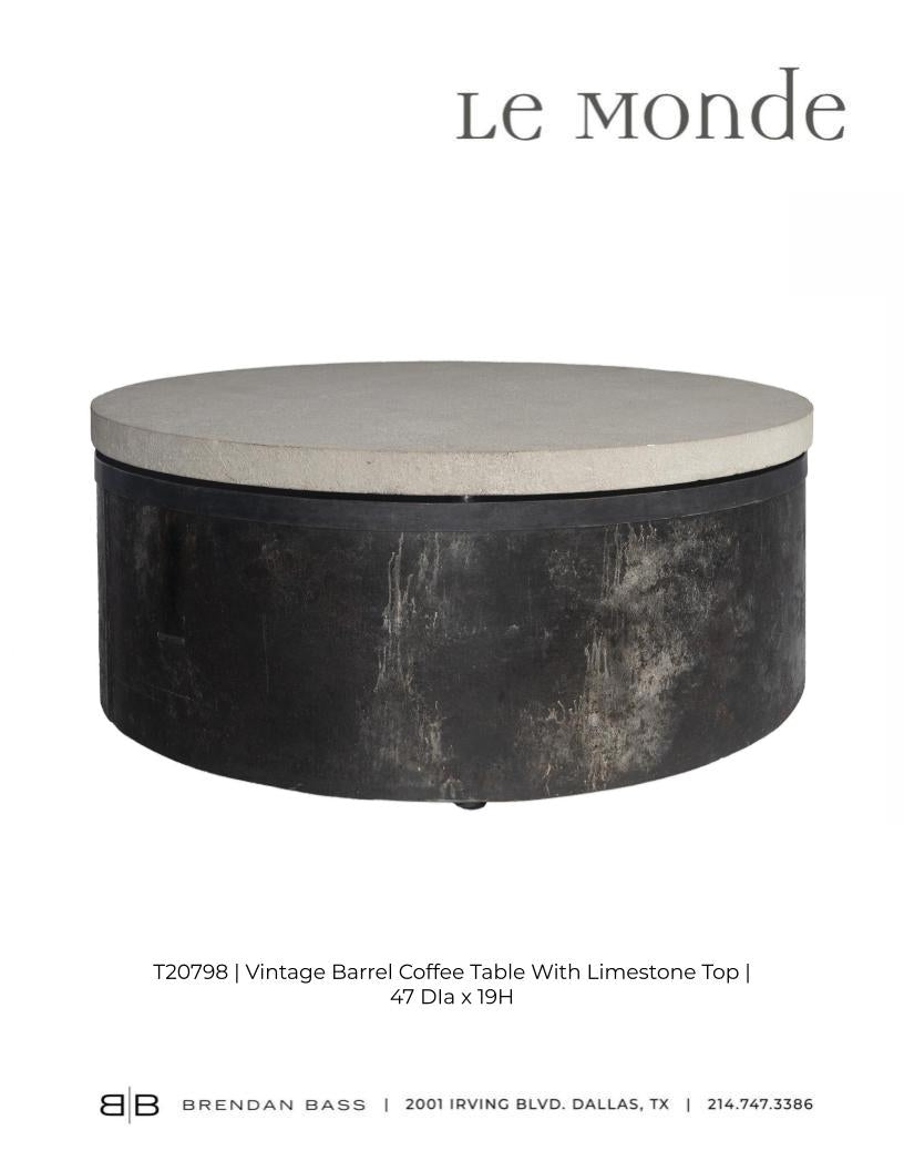 Vintage French Barrel Coffee Table with Limestone Top