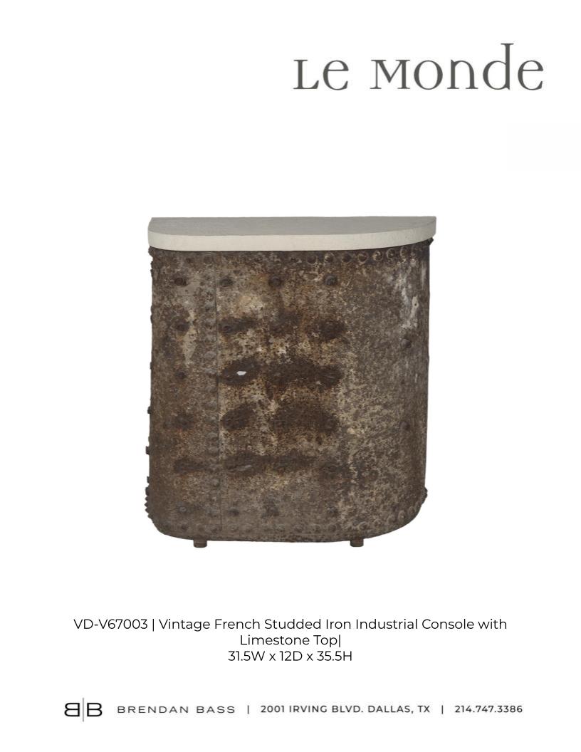 Vintage French Studded Iron Industrial Console with Limestone Top