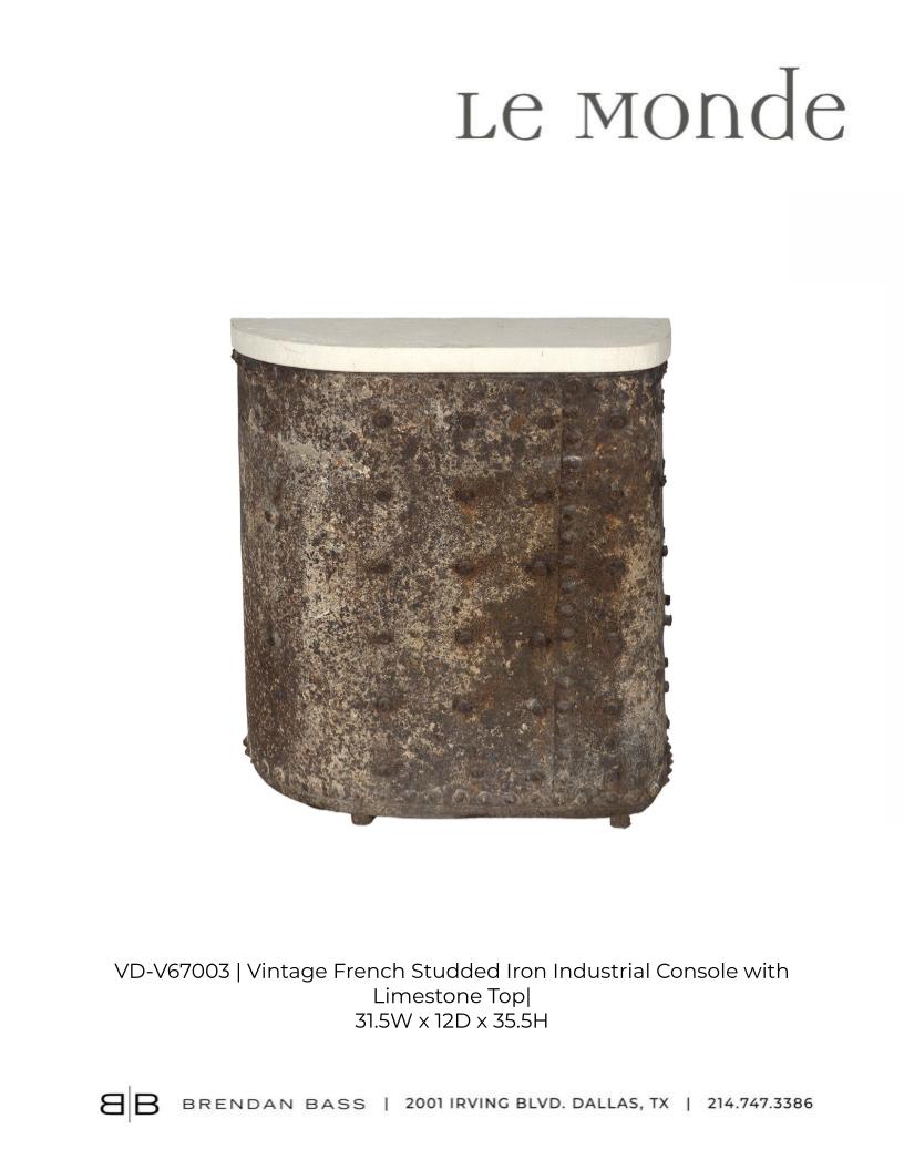 Vintage French Studded Iron Industrial Console with Limestone Top