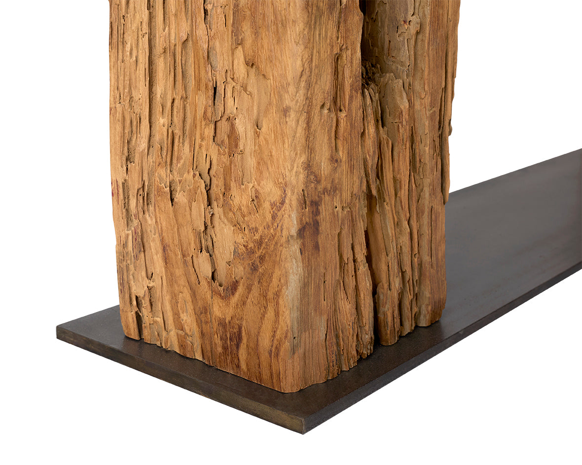 Reclaimed Architectural Pine Beams with Metal Stretcher and Limestone Top