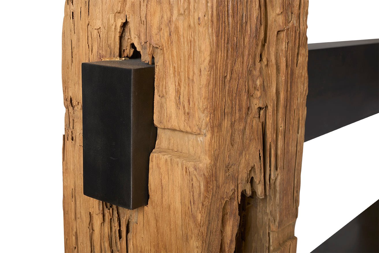 Reclaimed Architectural Pine Beams with Metal Stretcher and Limestone Top