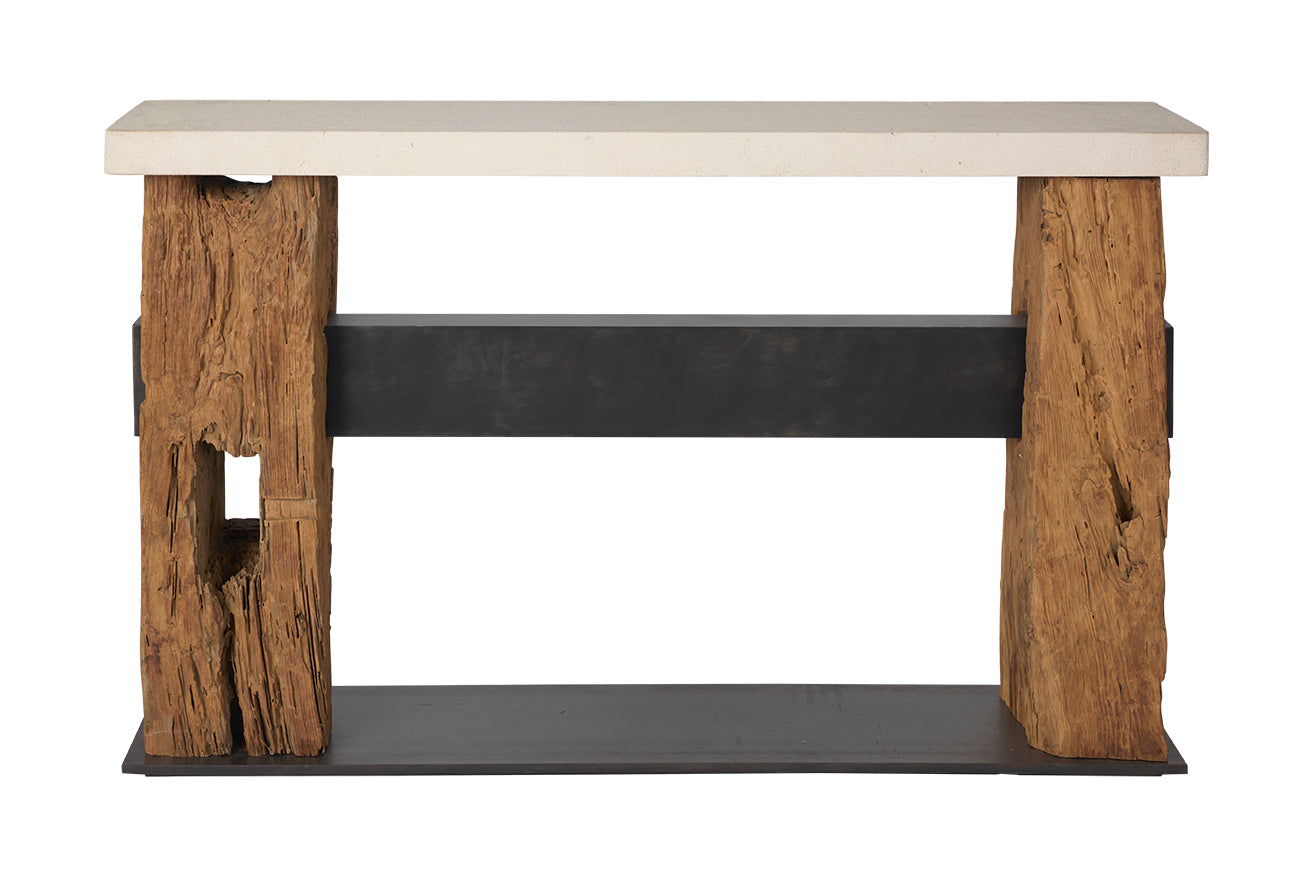Reclaimed Architectural Pine Beams with Metal Stretcher and Limestone Top